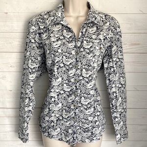 Columbia Sz PXL Button Front Safari Sleeve Floral Bird Print Blouse Blue & White